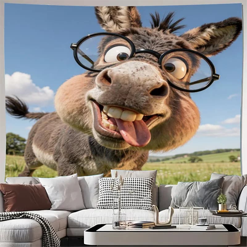 Whimsical Donkey Animal Tapestry Wall Hanging Funny Cartoon Ass Mural Canvas Art for Farmhouse Rustic Home Decor Living Room Bed