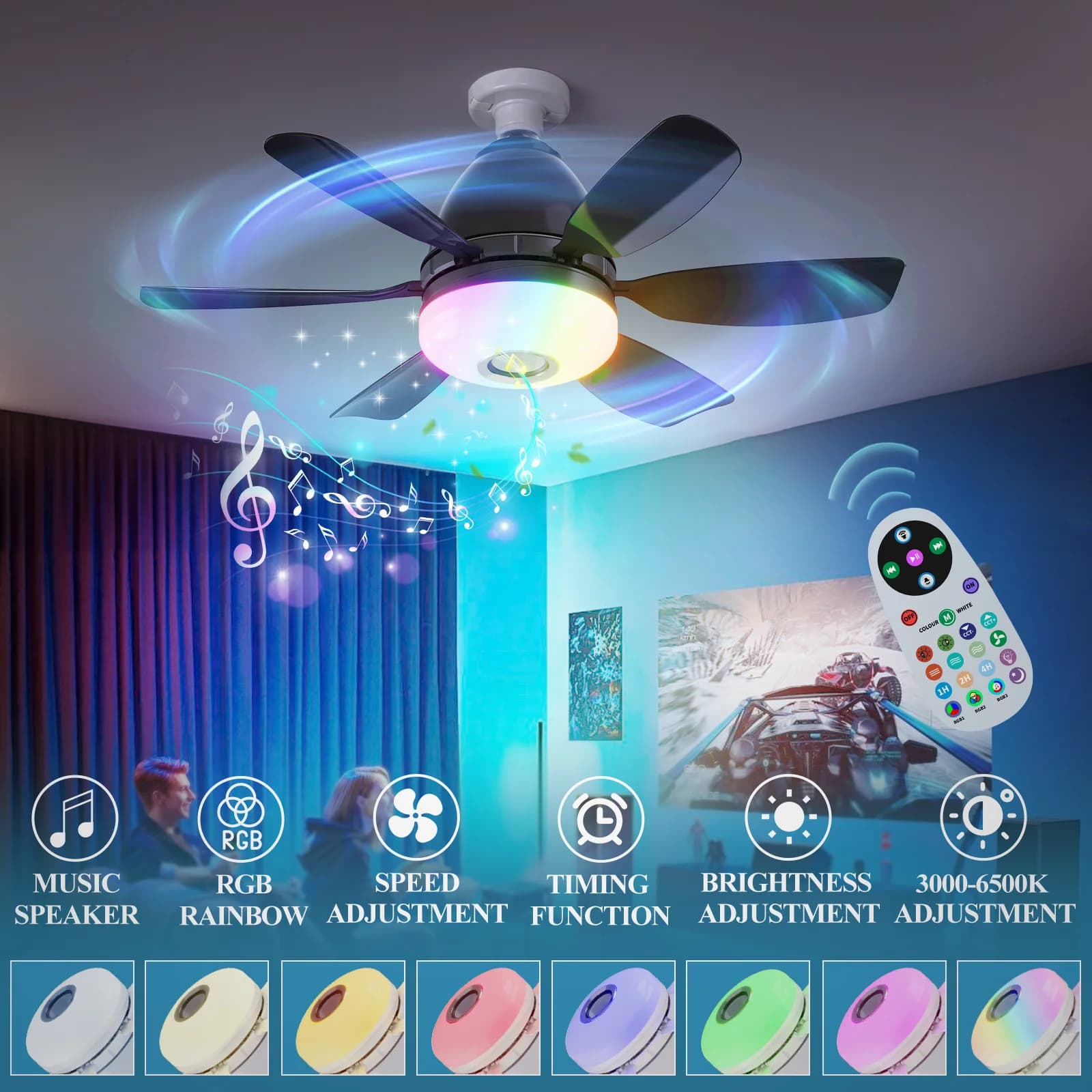 Ventilatore da soffitto con luce LED RGB e telecomando, attacco E27, lampada con altoparlante Bluetooth per illuminazione camera da letto