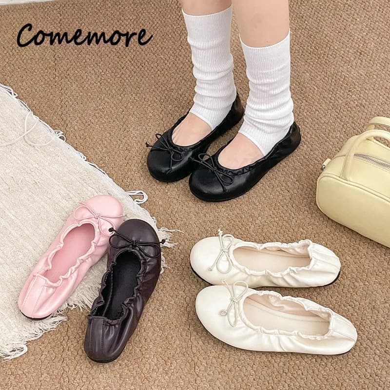 Comemore Fashion PU Leather Ballet Flats Shoes Ruffled Sweet Women Mary Jane Footwears Soft Sole Bow Dress Ladies Loafers