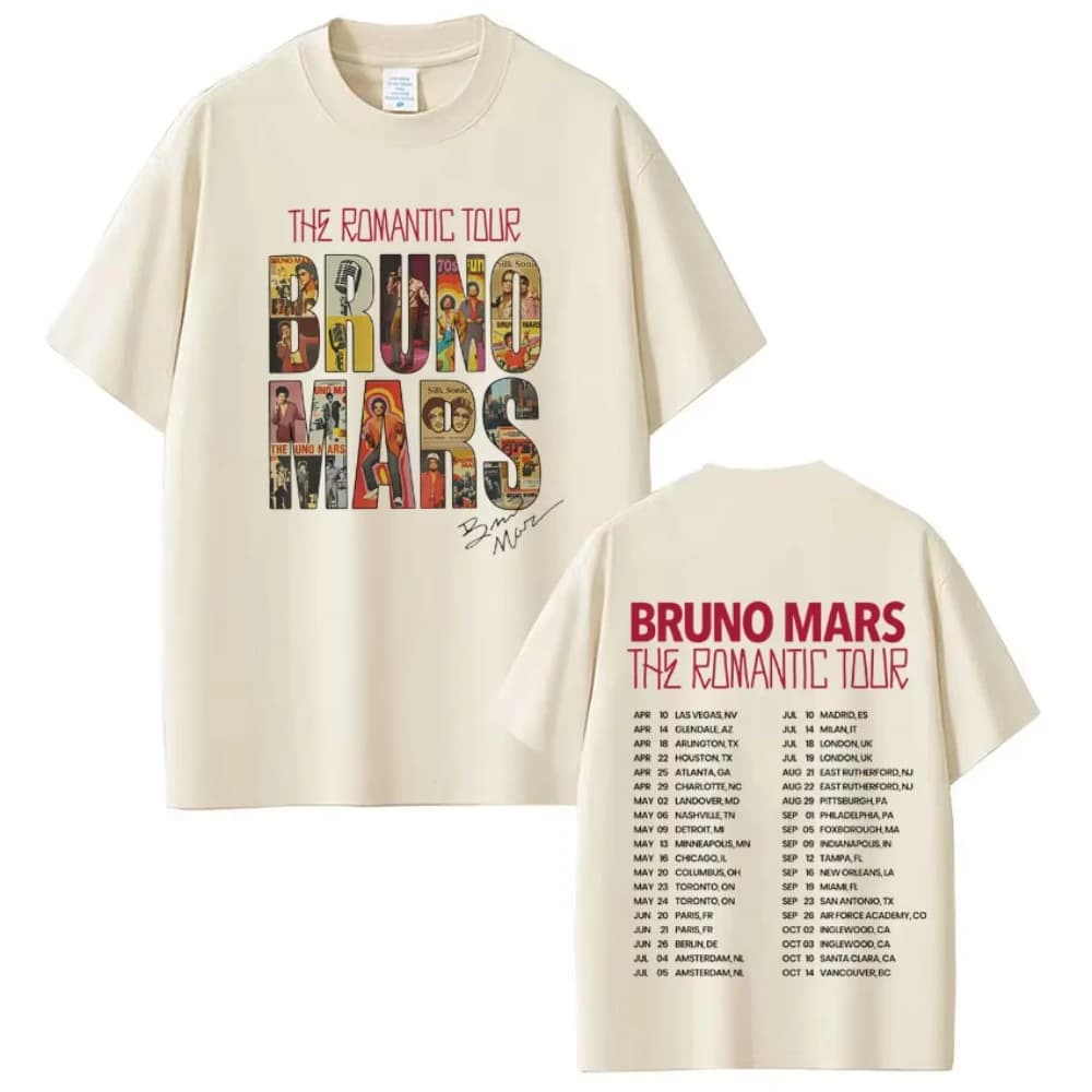 Maglietta con stampa del tour The Romantic 2026 del rapper Bruno Mars, t-shirt alla moda per uomo e donna, a maniche corte, casual, in cotone, stile gotico punk.