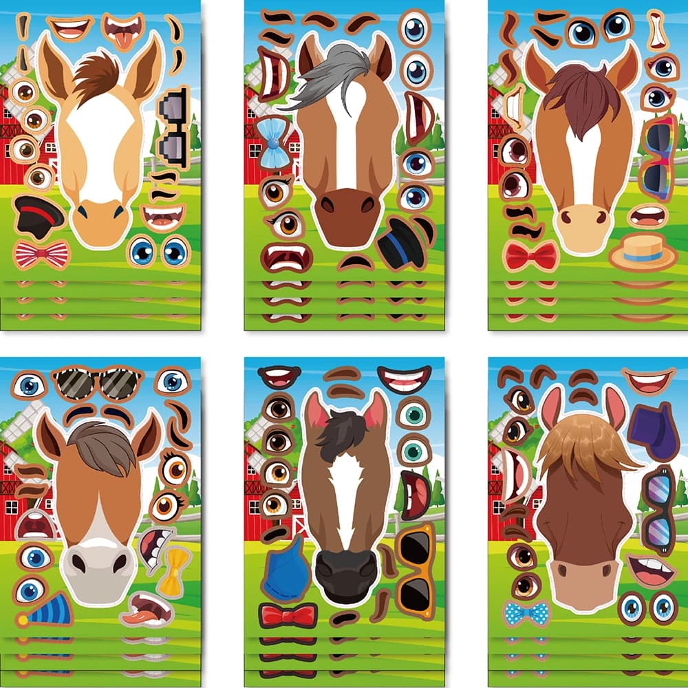 6/12 fogli Elf Horse Cartoon Make a Face Puzzle Stickers bambini fai da te Jigsaw Toys ragazzi Grils divertenti assemblare giochi decorazione per feste