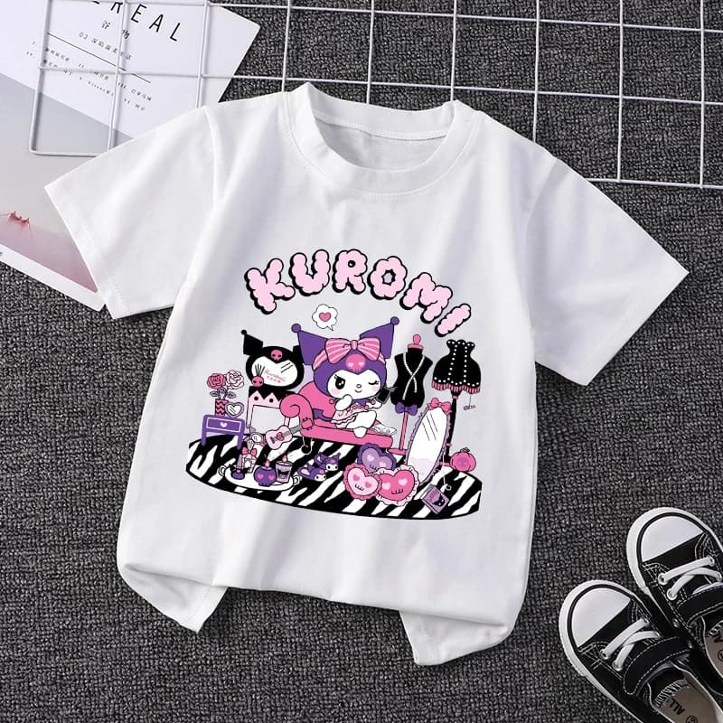 Maglietta in cotone per bambina Kuromi, T-shirt bianca con stampa cartone animato anime, maglietta estiva per neonati, top stampato carino, regalo costume
