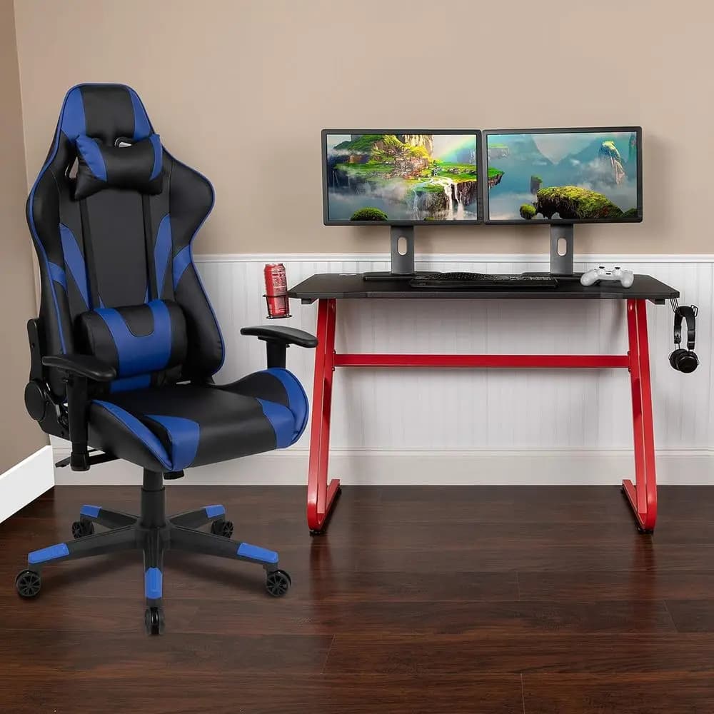 Bundle Gaming EMMA + OLIVER - Scrivania, Portabicchieri/Gancio e Sedia Reclinabile Blu