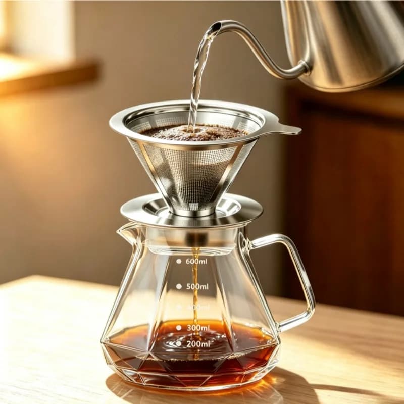 Pour Over Coffee Maker with Permanent Stainless Filter Borosilicate Glass Carafe Home Hand Brew Coffee for Office Camping Travel
