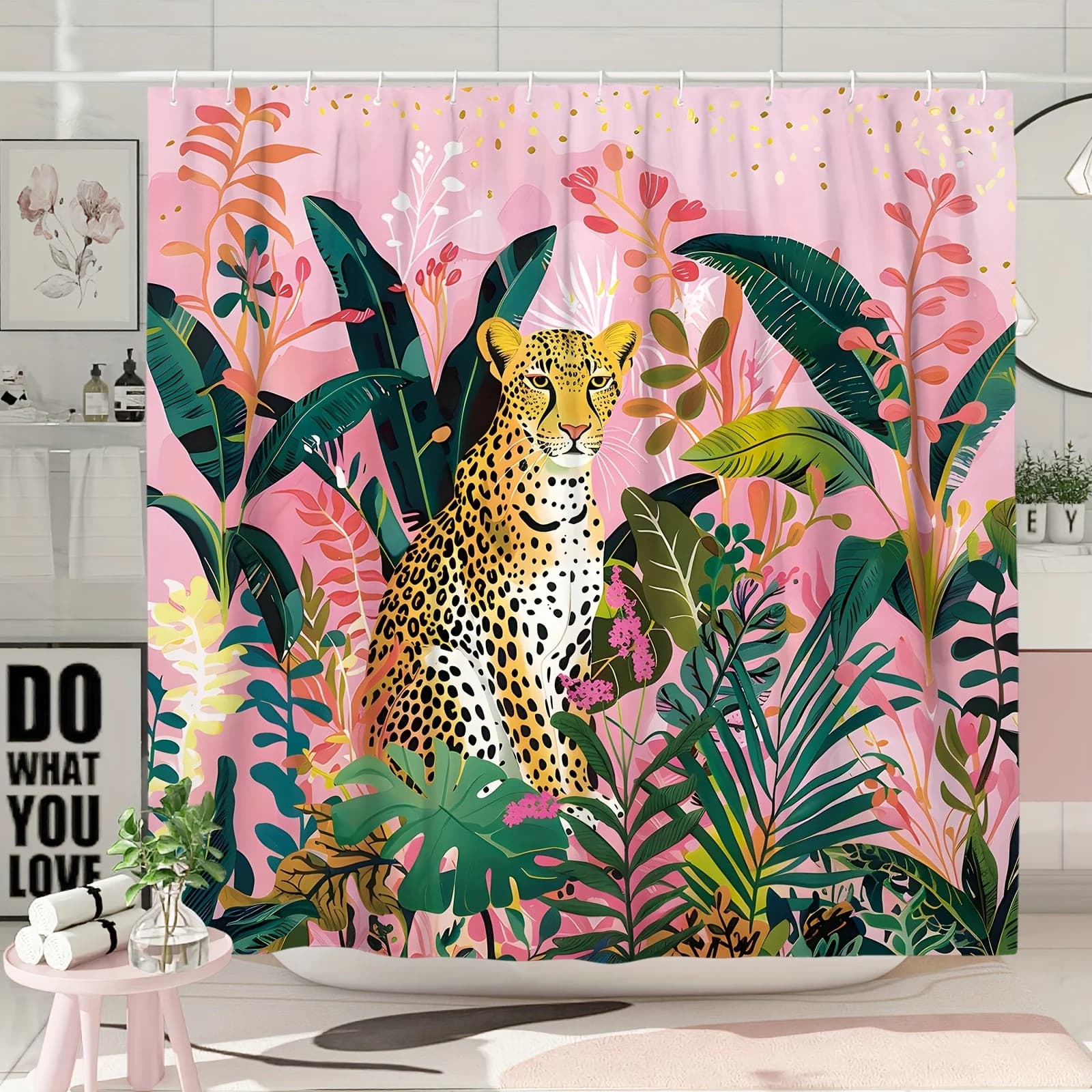 Tenda da doccia Tropical Leopard & Monstera - Poliestere impermeabile, 12 ganci, lavabile in lavatrice, ideale per dormitori e appartamenti