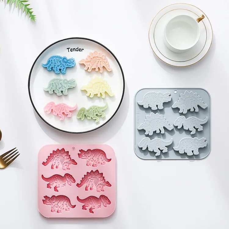 6 tipi di dinosauri diversi, modellazione di fossili, stampo in silicone, stampo per cioccolato, stampo per torte con griglia per ghiaccio