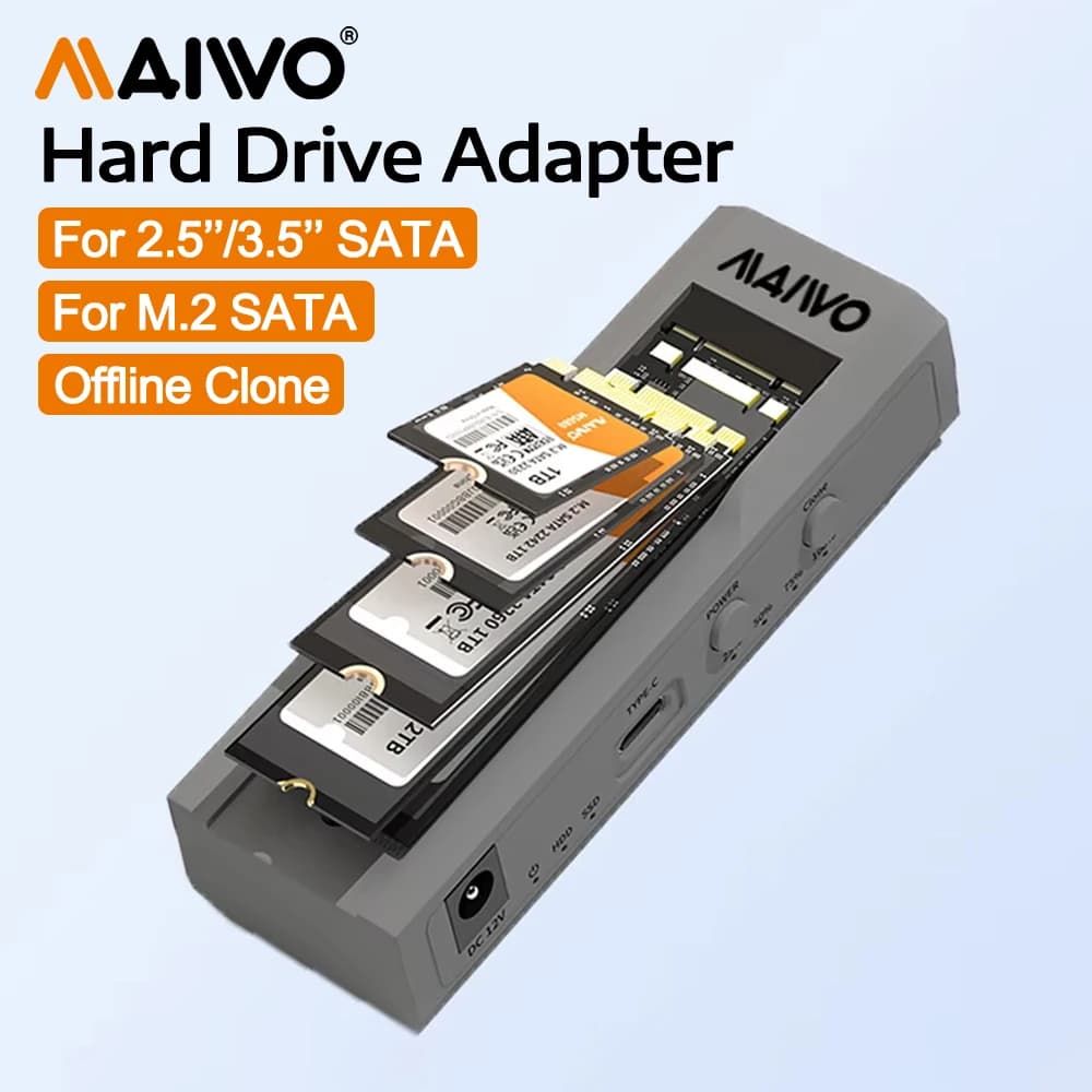 Custodia MAIWO M.2 SATA SSD Custodia per HDD SATA da 2,5 pollici da 3,5 pollici 5Gbps Tipo-C Adattatore per HDD di archiviazione esterna Dual Bay Supporto Clone offline
