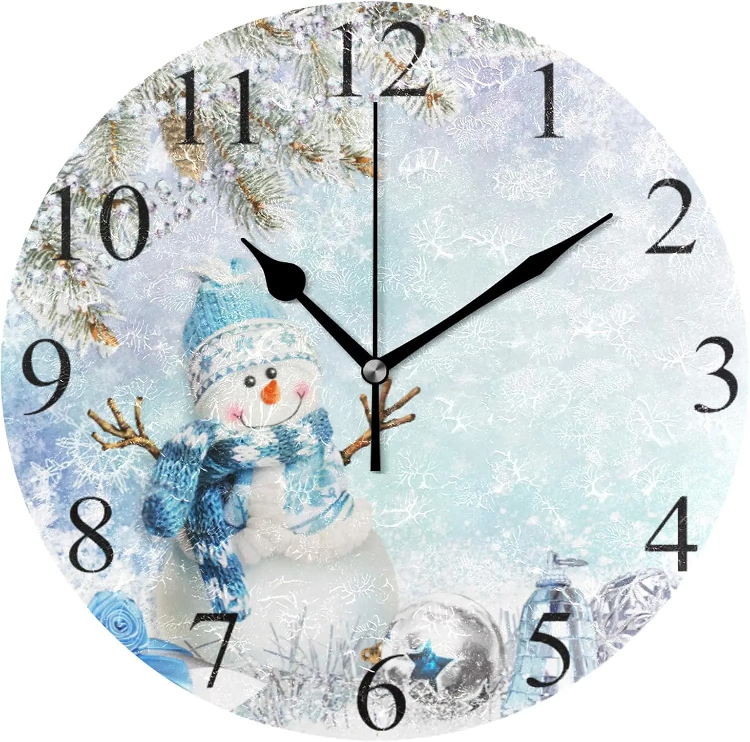 Winter snow globe Christmas wall clock 10 inch snowflake Christmas tree with snow Jingle Bells Round blue watch Silent without ticking Rus
