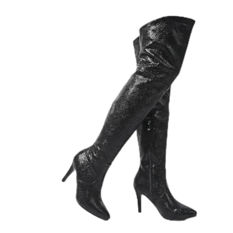 Stivali sopra il ginocchio da donna, stivali alti fino alla coscia con tacco grosso e cerniera laterale, stivali autunnali sexy con motivi leopardati e serpenti