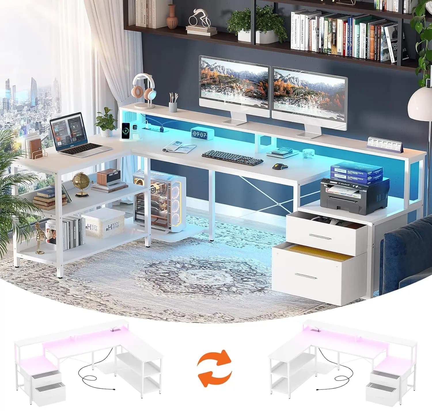 Scrivania a L con Cassetto Portadocumenti, Scrivania per Computer a L Reversibile da 185 cm con Presa di Corrente e Striscia LED, Scrivania da Gaming, Personalizzabile