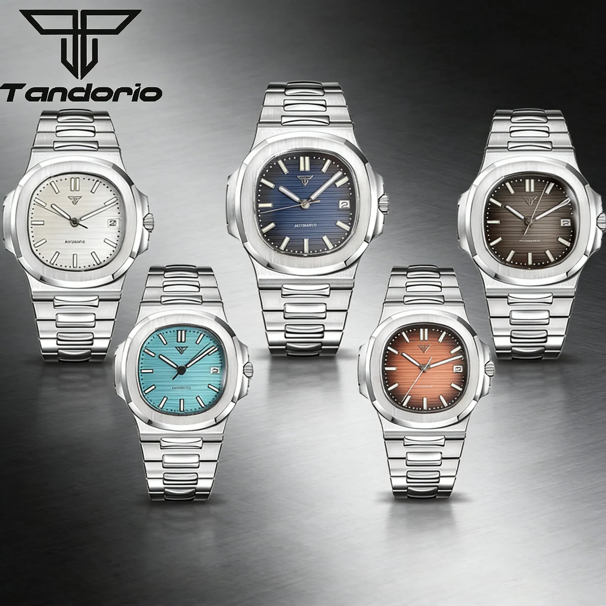 Nuovo Orologio da Uomo Tandorio 40mm in Acciaio Inossidabile Quadrato con Vetro Zaffiro 10BAR Quadrante Luminoso Movimento Automatico NH35A Bracciale Argento