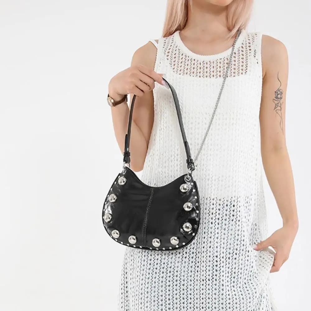 Sweet Crossbody Bag Rivets PU Underarm Bag Small Pack Brown Punk Style Handbags Solid Color Korean Style Shoulder Bag Lady
