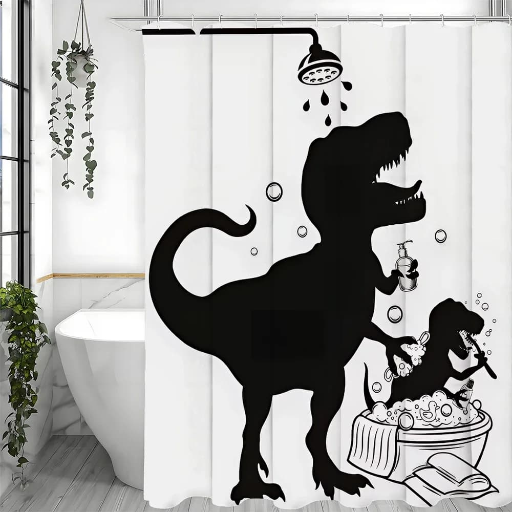 Divertente tenda da doccia con dinosauro, ragazzi dinosauro gatto tirannosauro Rex Raptor silhouette animale arte in bianco e nero bagno decorativo