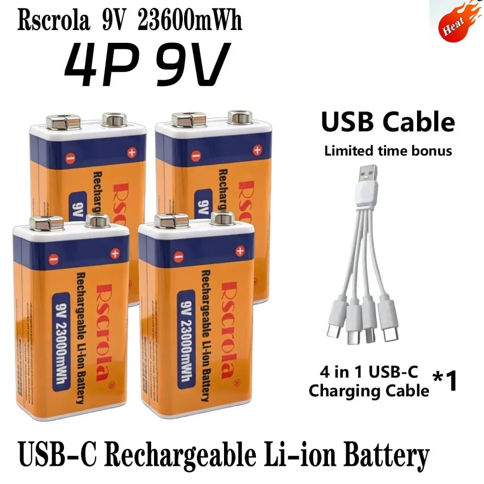 Rscrola 9V USB-C Rechargeable Battery 23600mWh Li-ion Constant Voltage for Guitar Pedal Smoke Detector Multimeter, Long Life wit