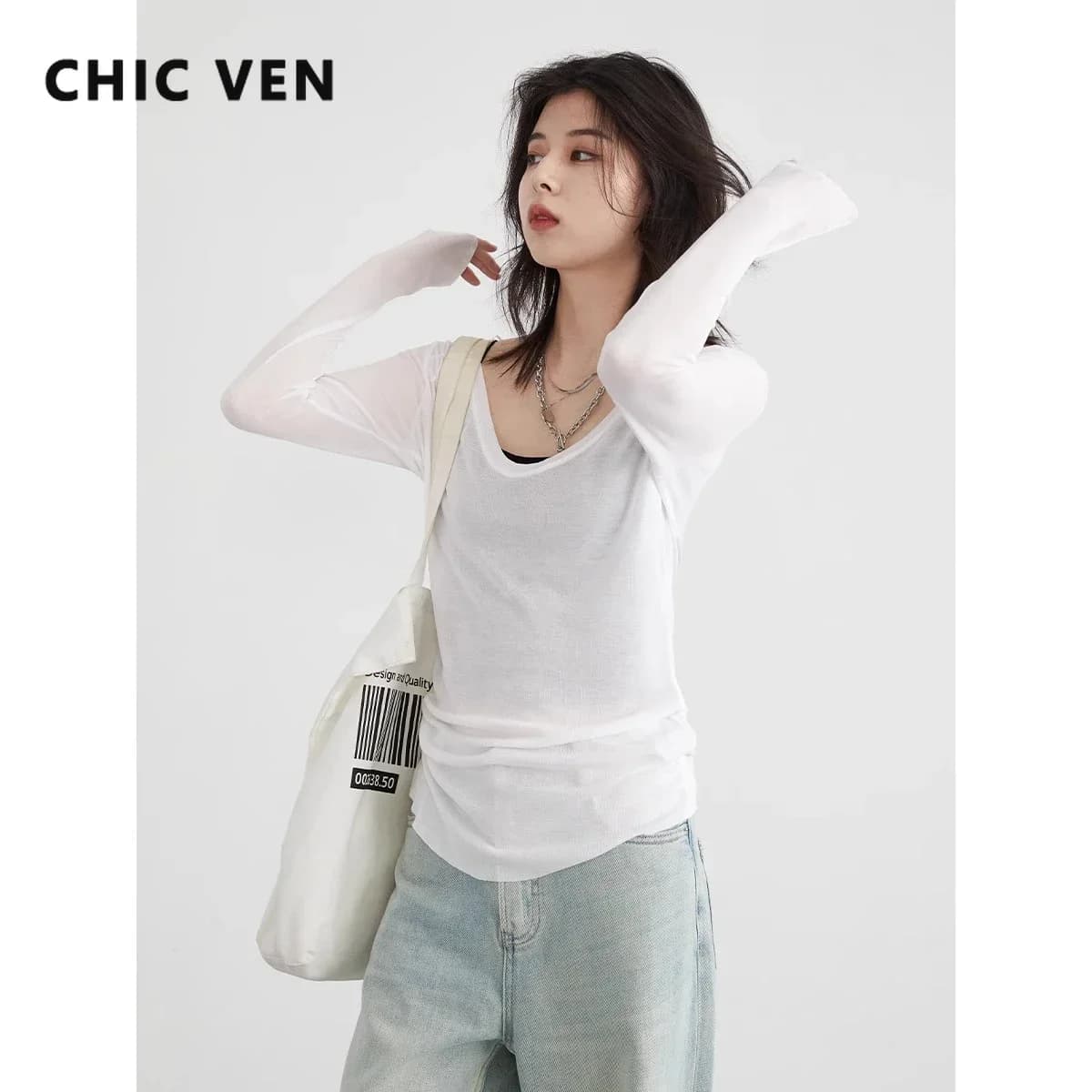 CHIC VEN t-shirt da donna Solid White U Neck t-shirt leggera a maniche lunghe protezione solare Top femminile allentato Casual estate 2024