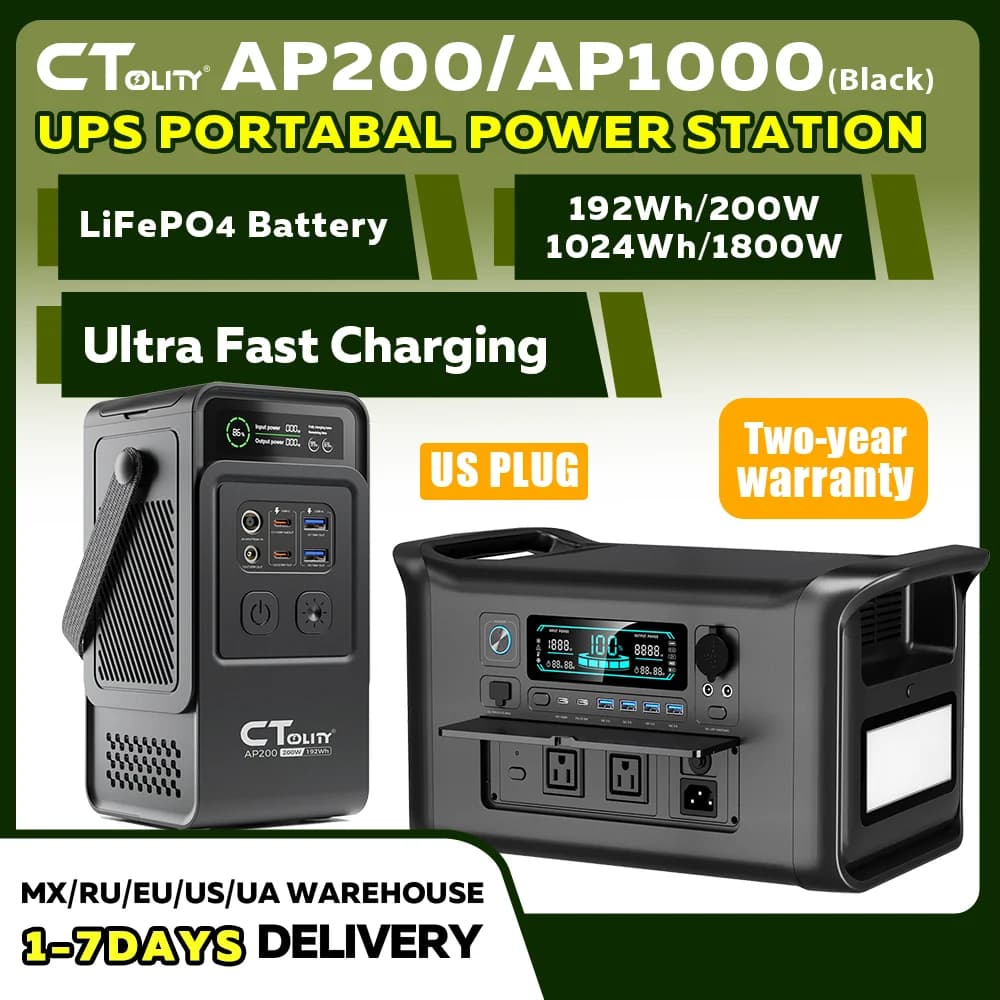 CTOLITY AP200 AP1000 Black style 200W/1800W Portable Power Station 192Wh/1024Wh 60000mAh/320000mAh LiFePO4 Battery Solar Generator UPS Function Emergency Power Supply for Camping Outdoor