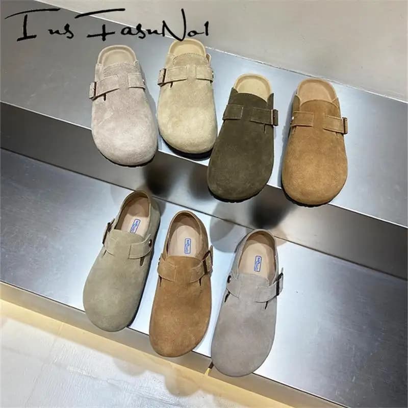 Ciabatte casual Moda di grandi dimensioni Tutte le partite Pantofole da donna con tacco piatto Retro Fibbia per cintura in vera pelle Scarpe singole Donna di lusso