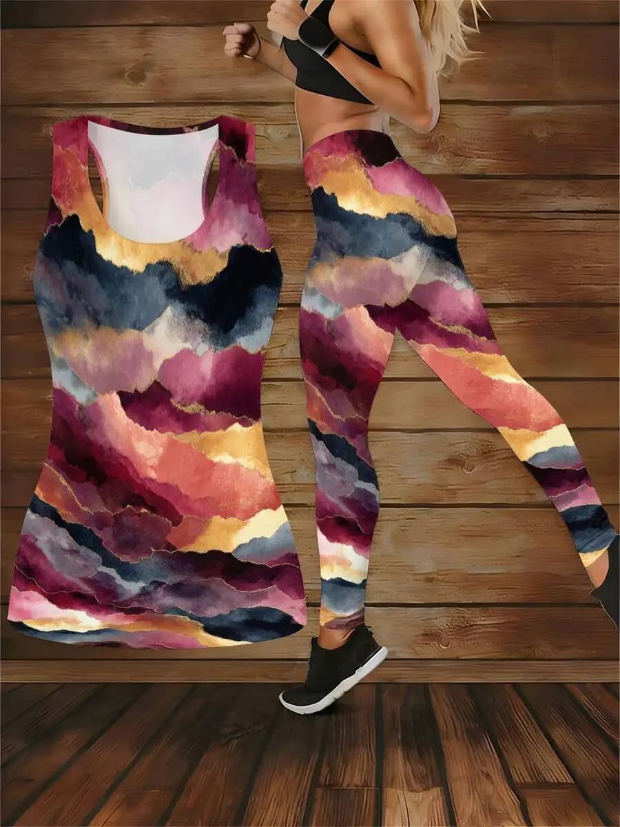 Set canotta e leggings da donna con stampa sfumata ad acquerello