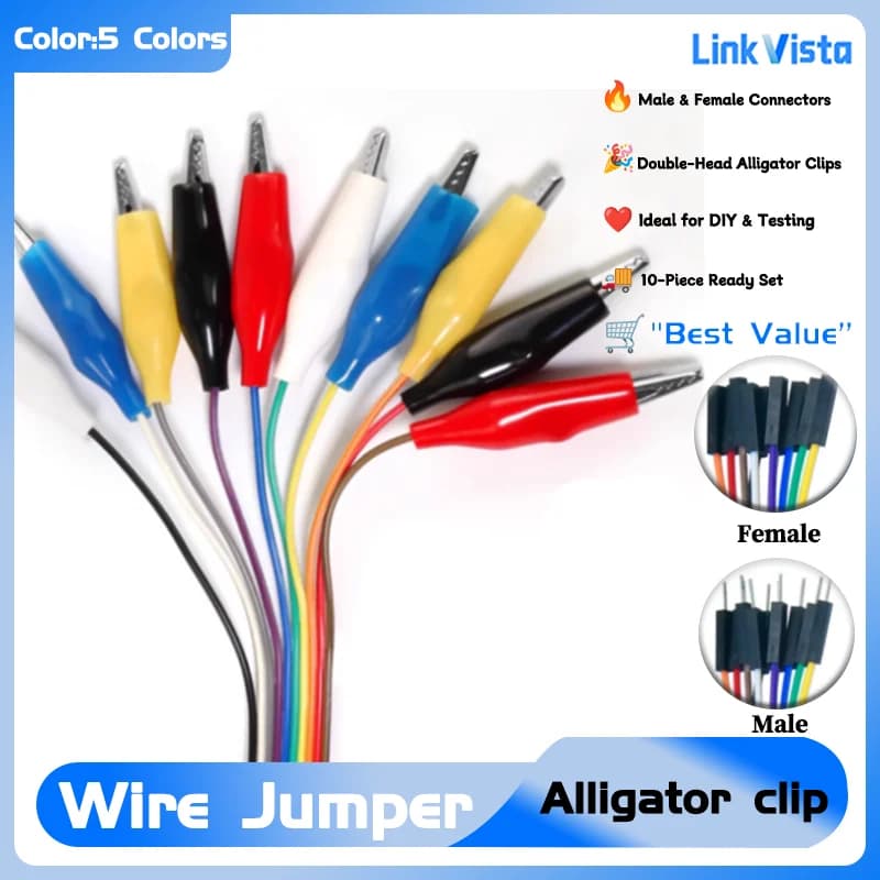 Jumper cables with crocodile clip from 10 pieces, 20 cm and 30 cm tip with male to female clip for DIY projects Arduino Raspberry Pi