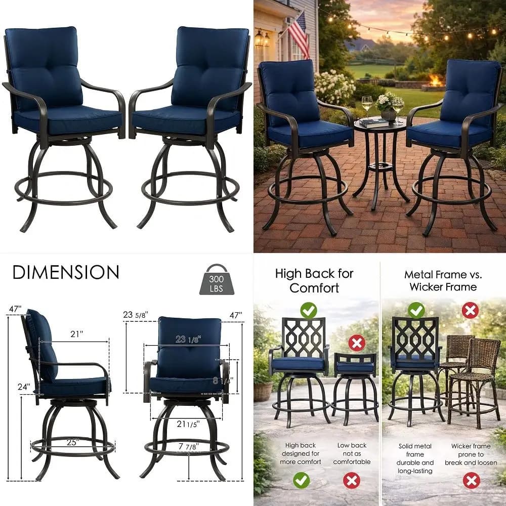 Isabella Outdoor Swivel Bar Chairs Set of 2, Counter Height Patio Bar Stools with Cushioned Seats, WeatherResistant Metal Bistr