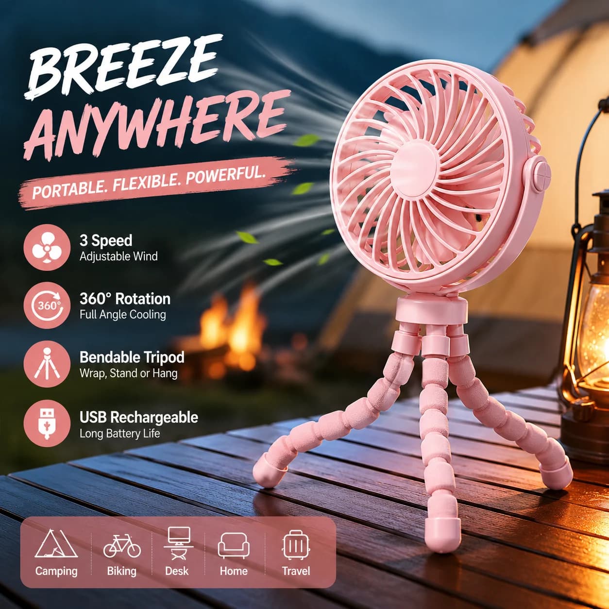 Flexible Tripod Cooling Fan USB Rechargeable Portable Low Noise Fan Adjustable Rotation for Outdoor Cycling Camping