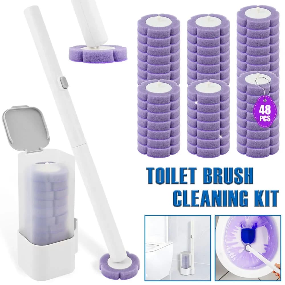 Set Spazzola per WC con Supporto e 48 Testine Monouso, Kit Efficiente per Pulizia del Bagno con Asta da Parete