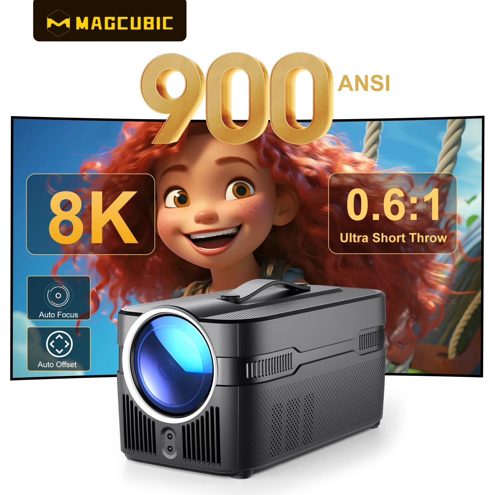 Proiettore Magcubic Auto Focus Android 14 HY450C con 900ANSI Full HD 1080P 8K 4K Video per Home Theater con Auto Offset e BT5.4