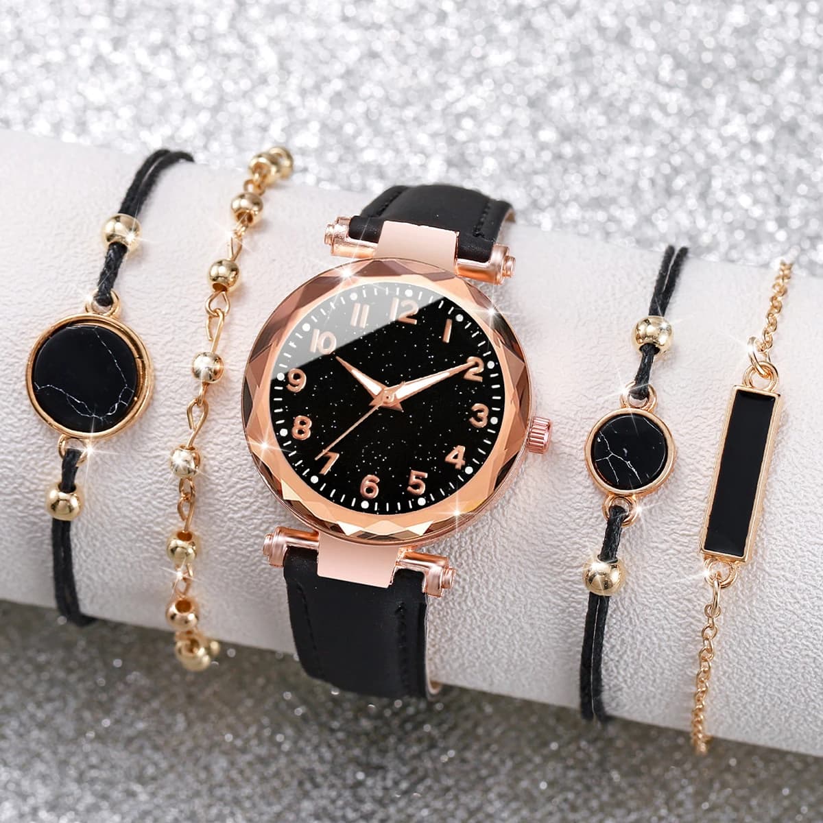 Quartz Analog Wrist Watch Bracelet Set With Women Fashion Leather Strap 5 pcs/set