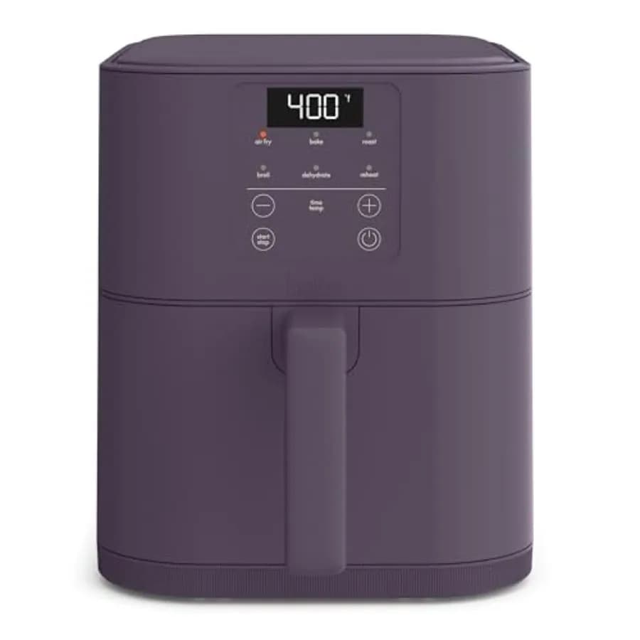 Friggitrice ad aria da 6 Qt per cucine compatte, rivestimento antiaderente in ceramica color prugna, temperatura regolabile, 6 preimpostazioni, spegnimento automatico dopo 60 minuti.