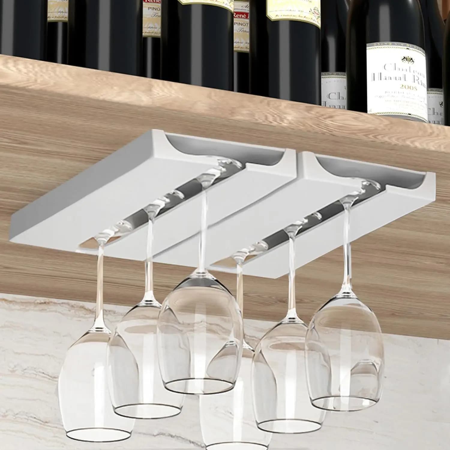 Under Cabinet Wine Glass Rack, 2-Pack Self-Adhesive Stemware Holder for Glasses Storage, Punch-Free Organizer for Bar Kitchen (White)