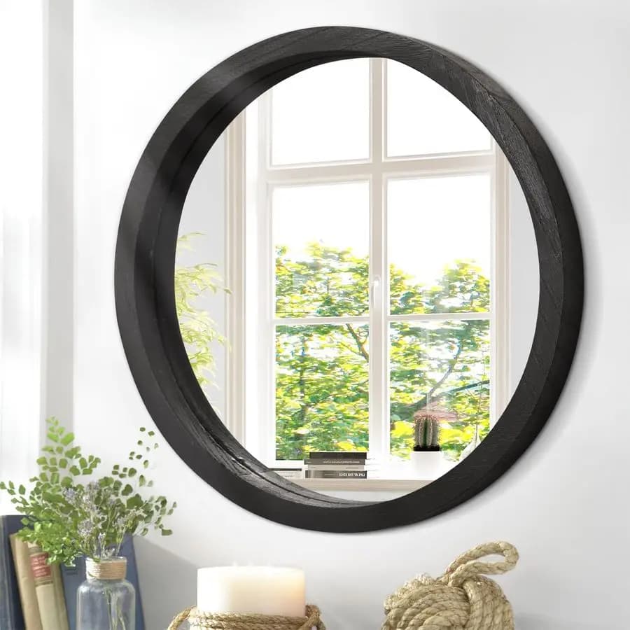 Specchio da Parete Rotondo, Specchio Circolare da Bagno, Grande Specchio Nero per Arredamento, Specchio in Legno per Trucco Stile Rustico