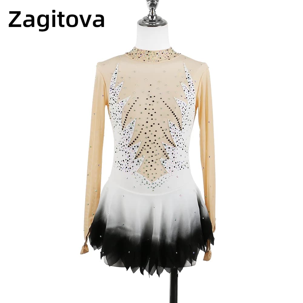 Zagitova Abito da pattinaggio di figura Donna Ragazza Gonna da pattinaggio su ghiaccio Manica lunga Bianco Nero Diamanti sfumati Gonna a rete Ginnastica
