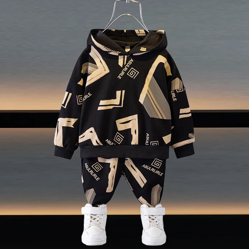 Fashionable Boys' Two-Piece Set Spring Clothing Casual Sportswear Long Sleeve Sweatshirt And Long Pants Cotton Polyester Blend