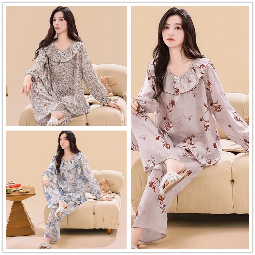 Summer Doll Collar Women's Pajama Set Long Sleeve Pullover Pants Two Piece Home Clothes Ladies Viscose Sleepwear
