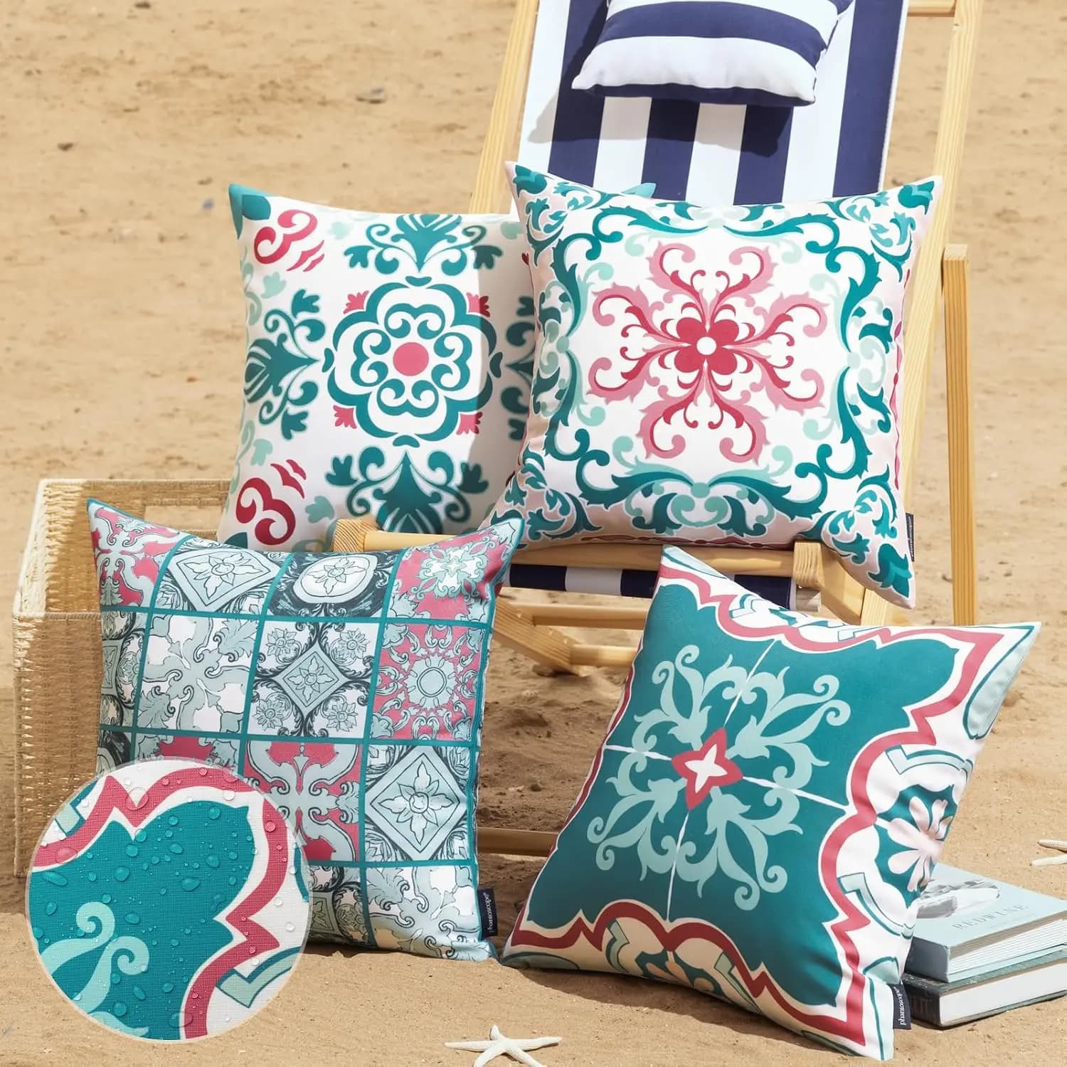 Decorative 4 Piece Boho Coastal Throw Pillow Set Beach Ocean Nautical Cushion Covers for Patio Outdoor Living Room Home Decor Ac