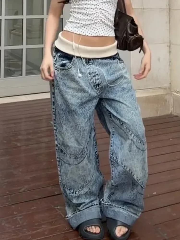 Retro American Spicy Girl Loose Fit Jeans Women Summer Lazy Slouchy Waist Design Thread Jeans High Waist Straight Leg Jeans
