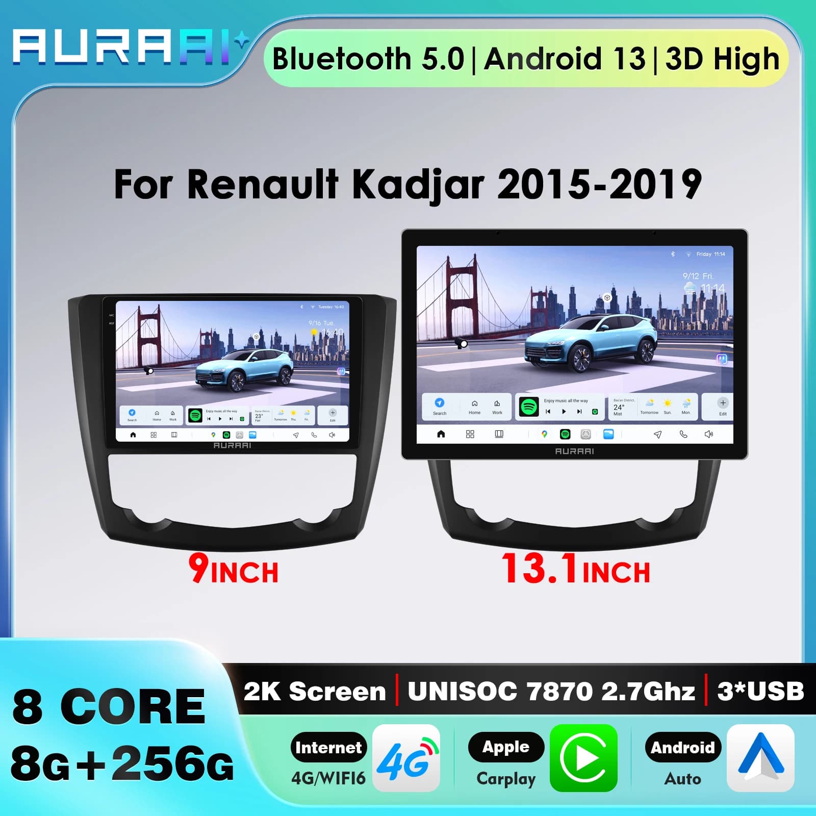 9 pollici Android Auto Per Renault Kadiar 2015-2019 Autoradio Navi GPS Wireless Carplay DSP 4G ADAS UNISOC 7870 2K Schermo SWC