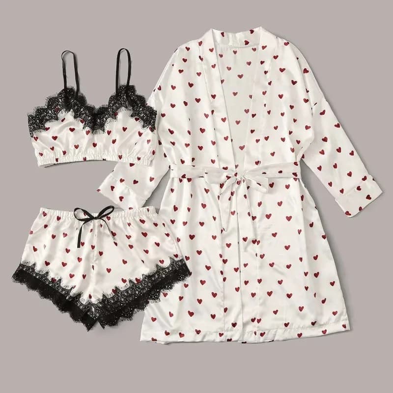 3PCS New Women's Summer Pajamas Set with Strapless Sexy Lace Ice Silk Suspender Shorts Printed Home Clothes Printed Pajamas Set