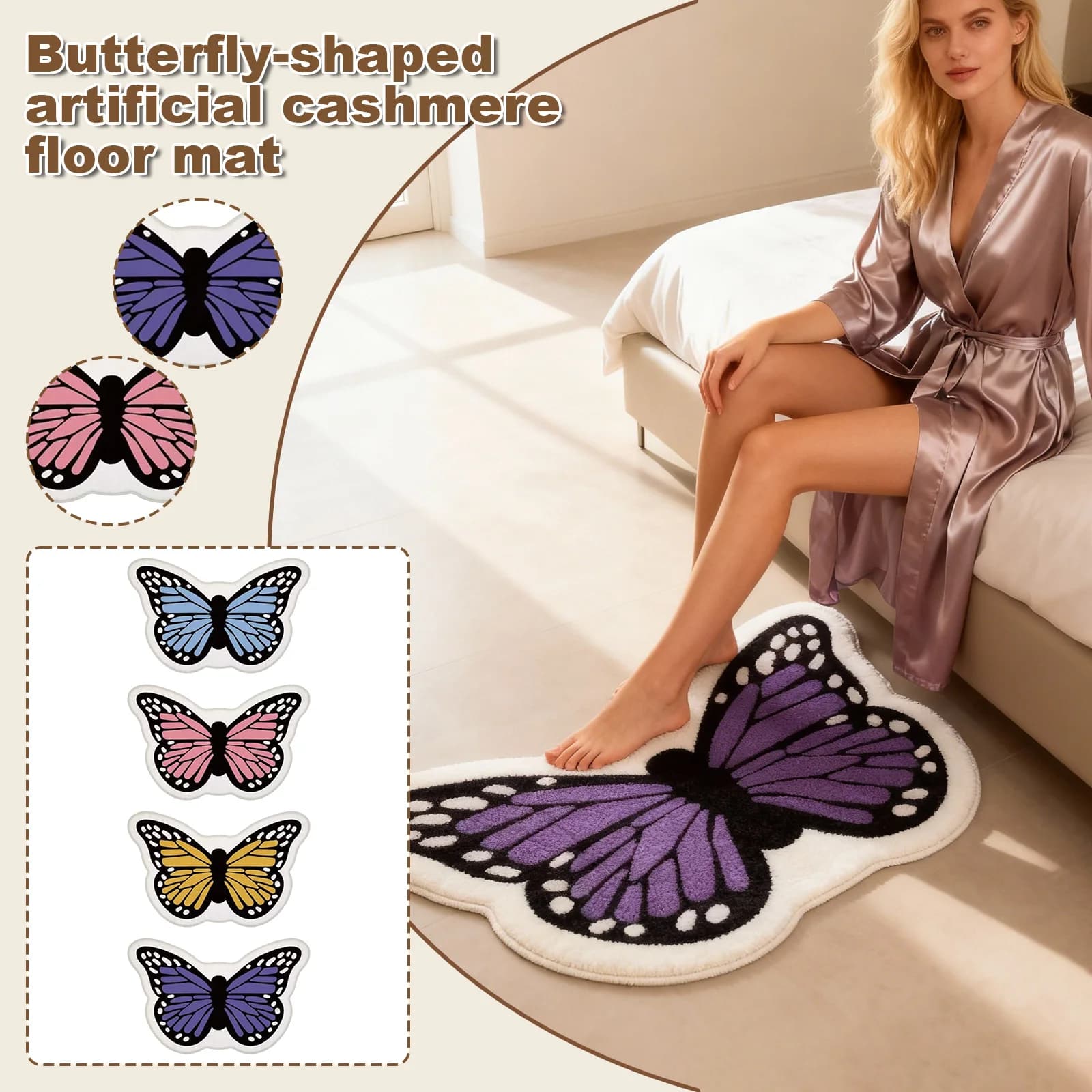 70*100cm Fake Butterfly Shaped Carpet in Finto Cashmere, Soft Acrylic Mat, Comfortable Cover for Bedside Table, Female Bedroom Mat