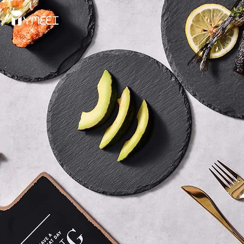 YMEEI piatti da bistecca occidentali rotondi in pietra nera naturale ardesia piatto da pranzo in ardesia cucina formaggio Pizza per alimenti domestici