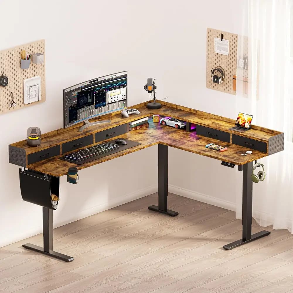 Scrivania a L Regolabile in Altezza da 75 Pollici con 5 Cassetti e Ripiano per Monitor, Scrivania Elettrica Sit-Stand per Ufficio Domestico e Computer