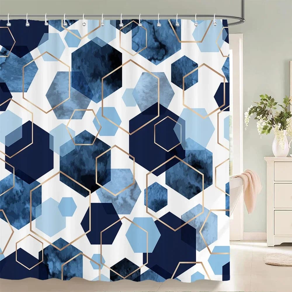 Tende da doccia esagonali geometriche blu Tenda da bagno in tessuto impermeabile con ganci Decorazione Schermo da bagno Divisorio per WC