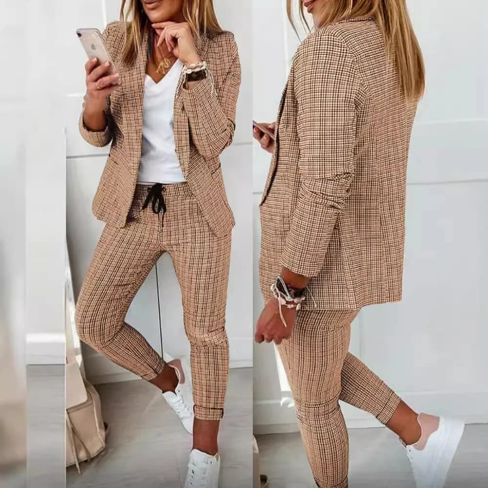 Casual Plaid Print Blazers And Pants Two Piece Sets Women Fashion Lace Up Pencil Pants Sets Autumn Winter Suits Coats Outfits