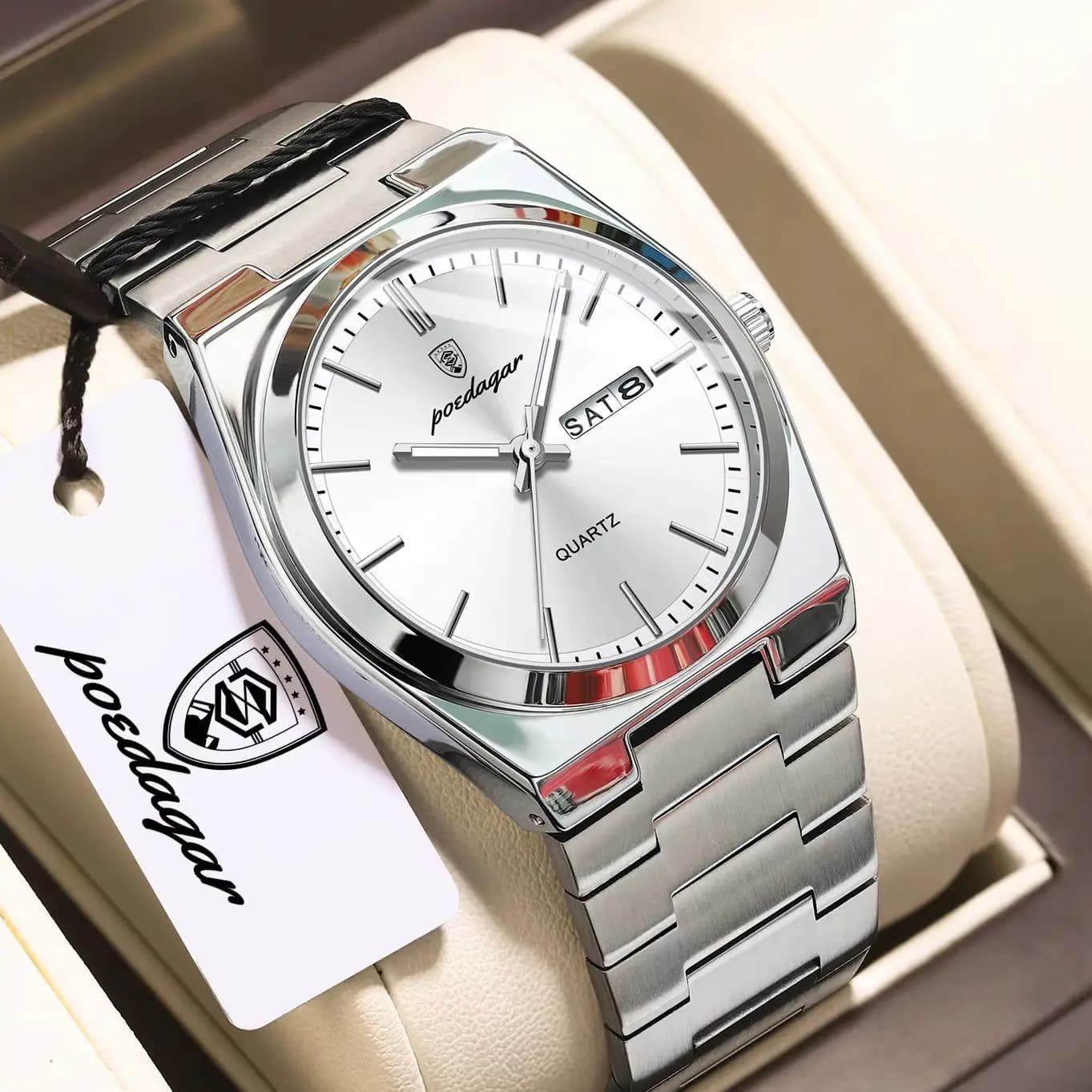 POEDAGAR High Quality Quartz Men's Watches Waterproof Stainless Steel Male Clock Luminous Date Week Fashion Men Wristwatch Reloj