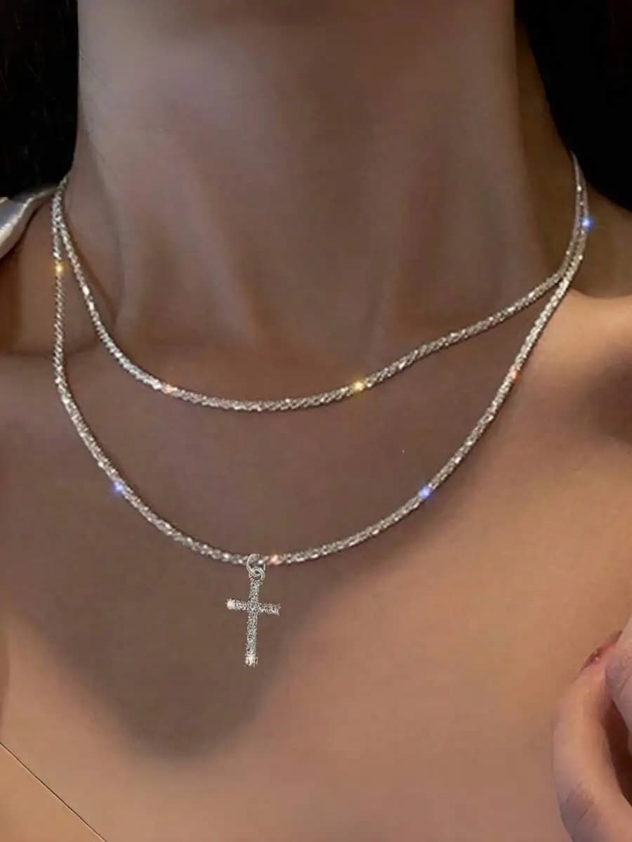 Shiny Minimalist Double Layer Clavicle Chain Necklace With Cross Pendant For Women