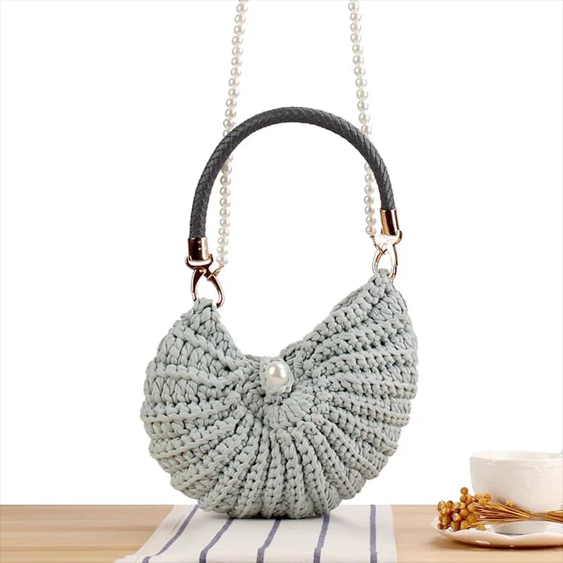 Conch Shell Knit Crochet Pearl Chain Crossbody Shoulder Bag,Women Handmade Woven Sling Bag,Elegant Delicate Cute Compact Purse