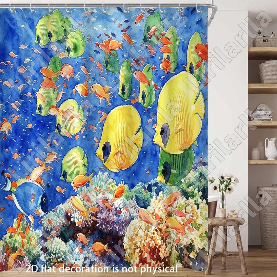 Vibrant Tropical Fish Ocean Underwater Shower Curtain Waterproof Bath Liner Blue Aquarium Coral Sea Life Artistic Decoration