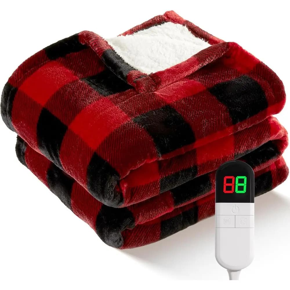 Electric Heated Sherpa Plaid Christmas Twin Blanket with 8 Levels, 8-Hour Auto Off, Overheat Protection, Washable, ETL Certified