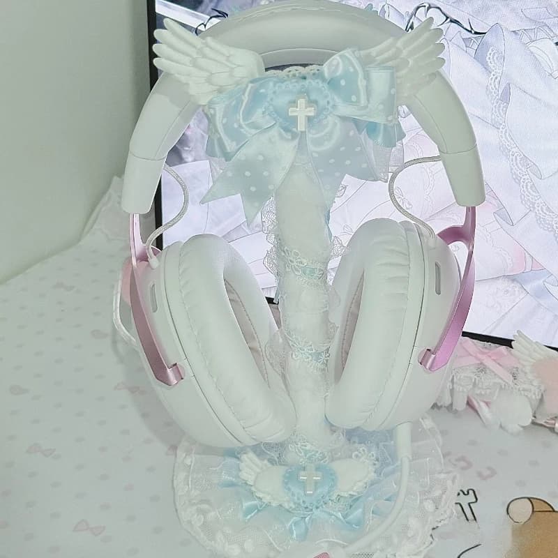 Nuovo Supporto per Auricolari a Forma di Ali d'Angelo Rosa, Fatto a Mano, con Fiocco Carino, Personalizzabile, Ornamento da Scrivania, Supporto per Cuffie da Gaming, Regalo