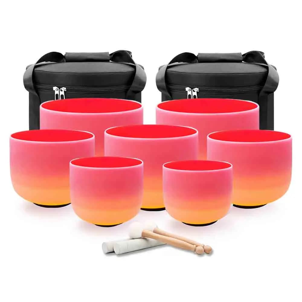 Hye-eun 7pcs Red Rainbow Quartz Crystal Singing Bowl Chakra Set CDEFGAB Note Yoga Energy Bowls with Bag for Sound Healing